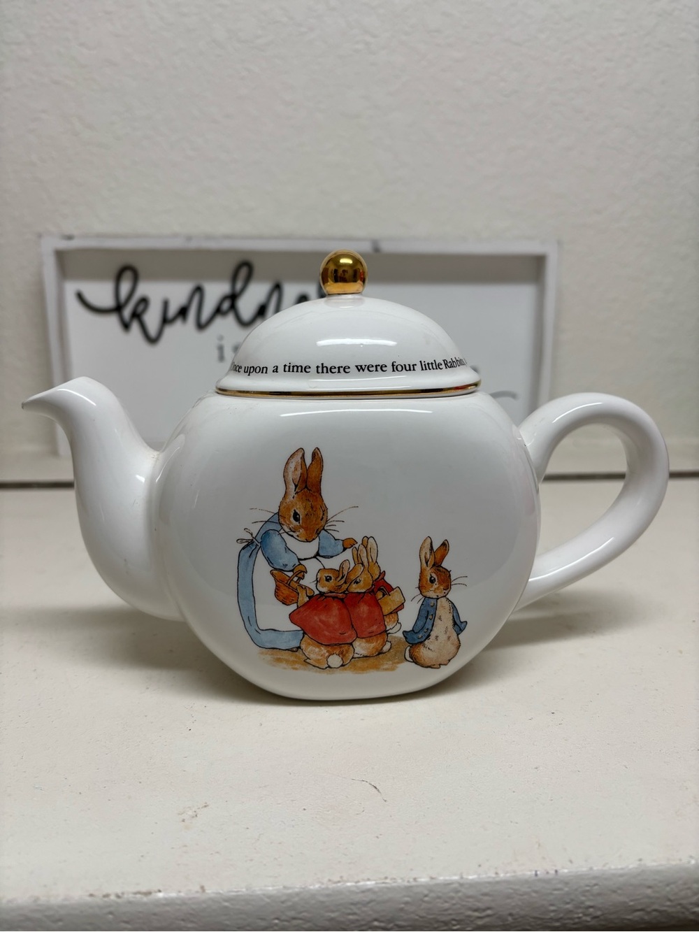 White Beatrix Potter-Inspired Ceramic Teapot with Gold Accent